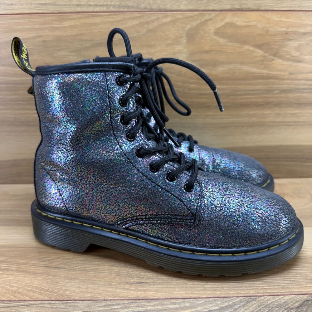 Dr Martens Combat Boots Girls Size 2 Metallic Pewter Leather Lace‎ Up